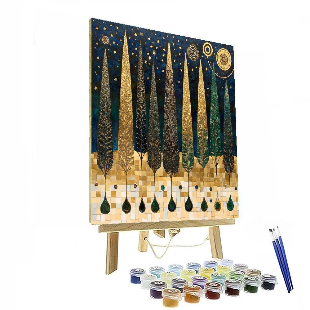 Gustav Klimt Inspired Gilded Cypress Constellation Grove painting number kit