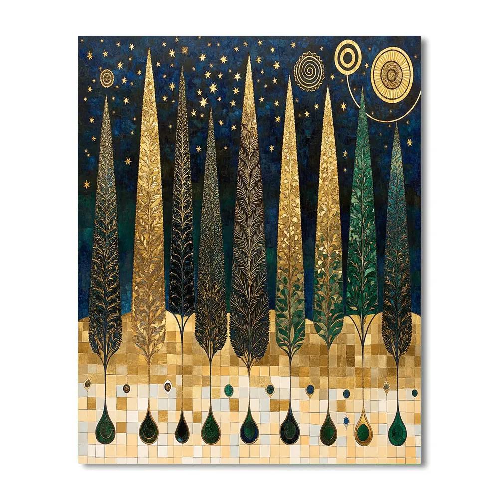 Gustav Klimt Inspired Gilded Cypress Constellation Grove painting number kit