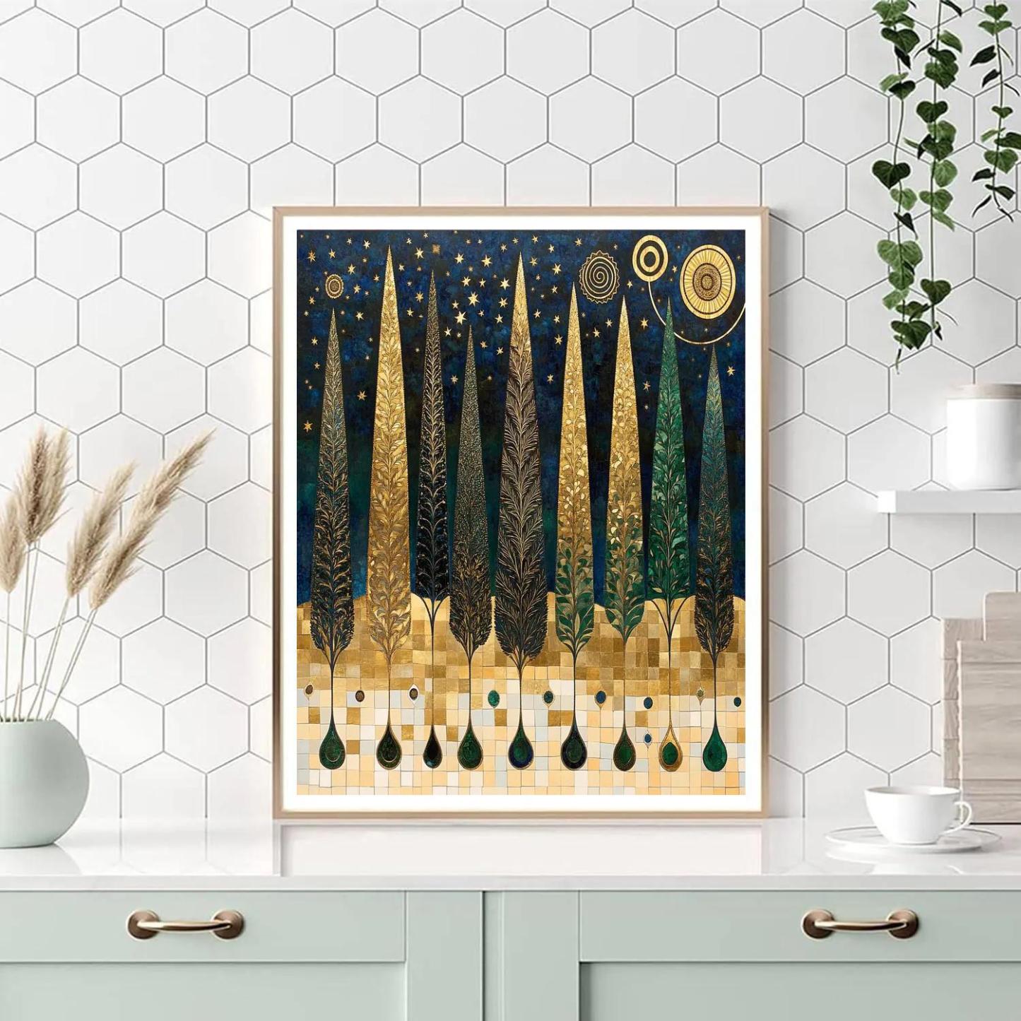 Gustav Klimt Inspired Gilded Cypress Constellation Grove painting number kit