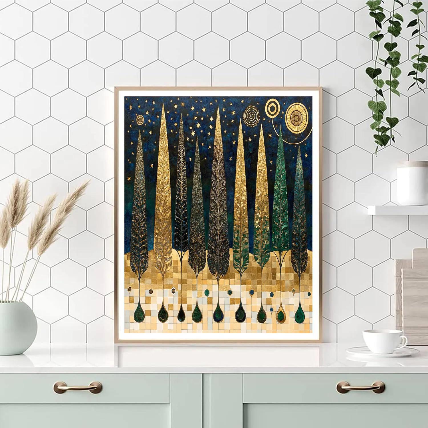 Gustav Klimt Inspired Gilded Cypress Constellation Grove painting number kit