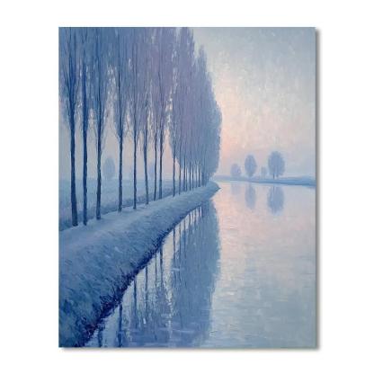 Claude Monet Inspired Frosted Poplar Riverbank In Pearl Dawn Numbered painting kits