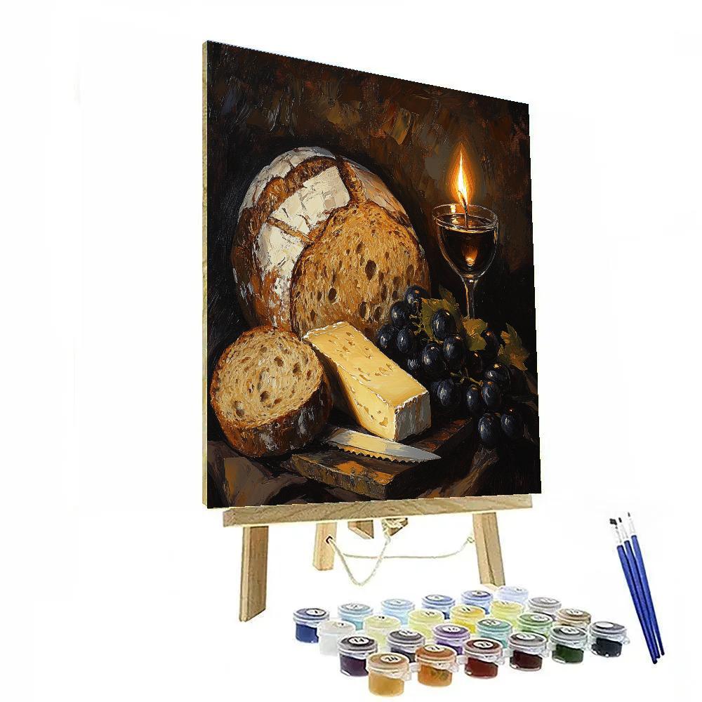 Rembrandt Inspired Candlelit Still Life With Bread And Cheese Paint by numbers kits