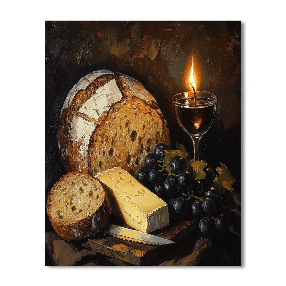 Rembrandt Inspired Candlelit Still Life With Bread And Cheese Paint by numbers kits