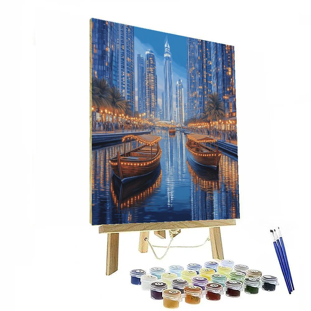 Skylines And Dhow Boats On The Dubai Marina Waterfront Dubai United Arab Emirates Number painting