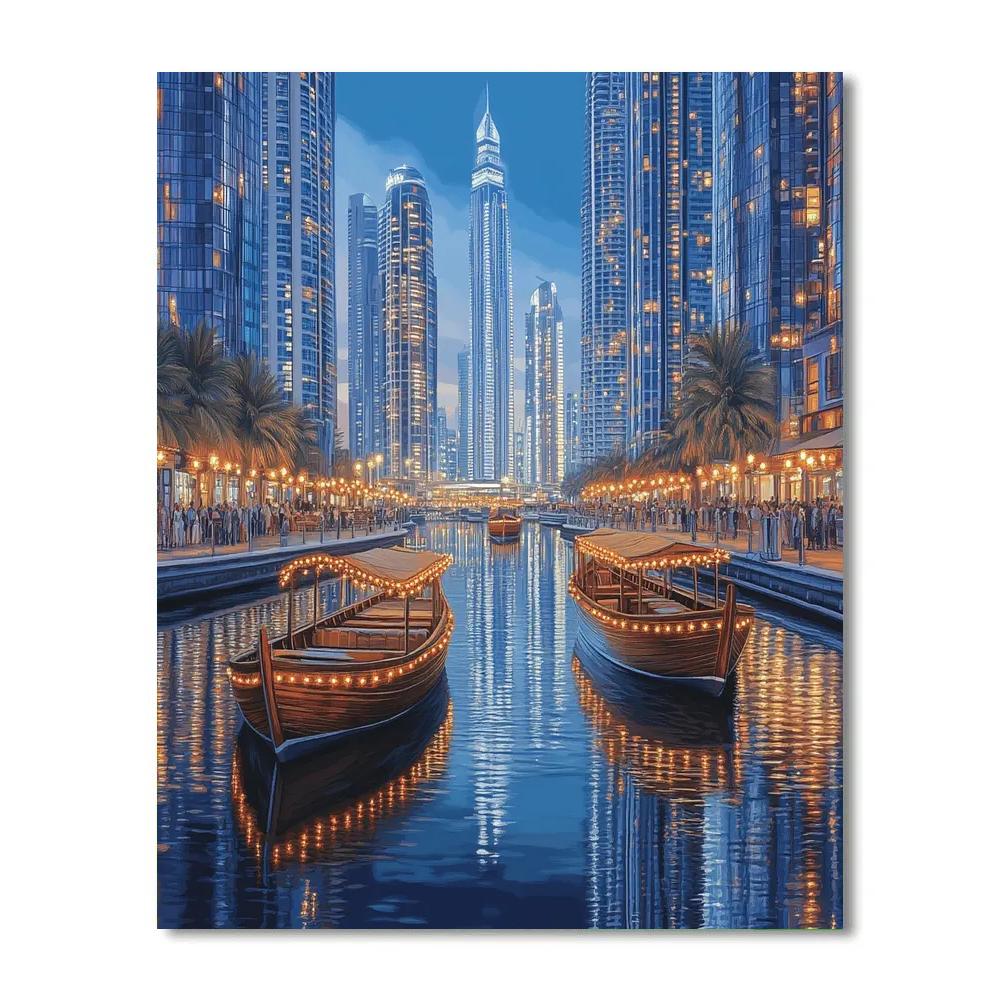 Skylines And Dhow Boats On The Dubai Marina Waterfront Dubai United Arab Emirates Number painting