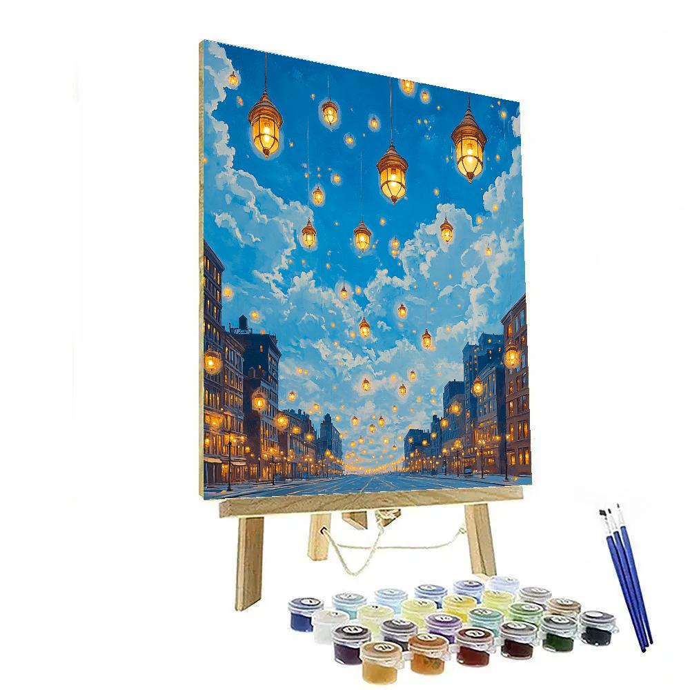 René Magritte Inspired Citylights In A Daytime Sky Numbered painting kits