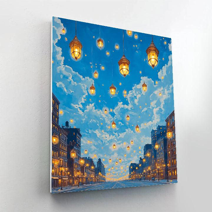 René Magritte Inspired Citylights In A Daytime Sky Numbered painting kits