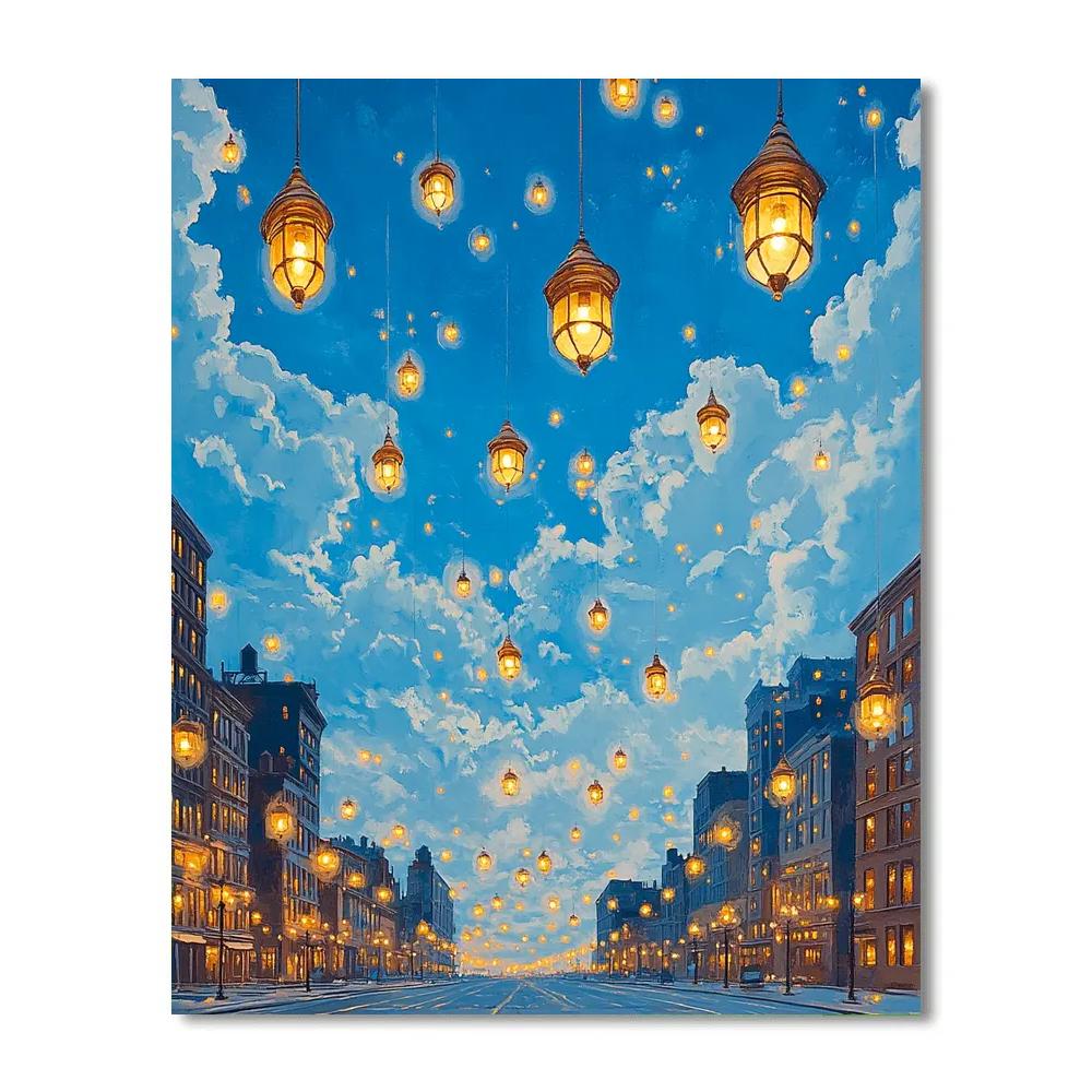 René Magritte Inspired Citylights In A Daytime Sky Numbered painting kits