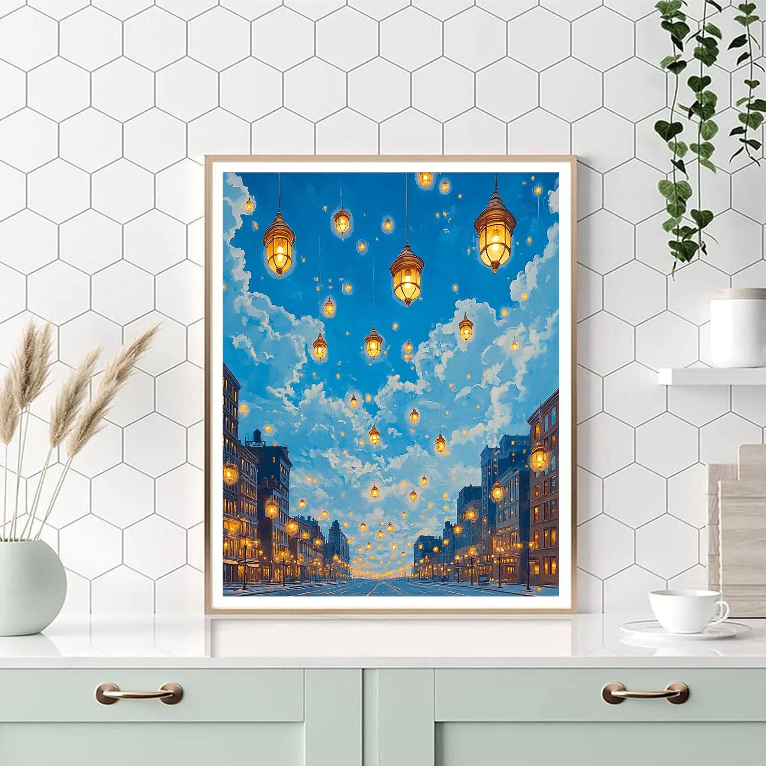René Magritte Inspired Citylights In A Daytime Sky Numbered painting kits