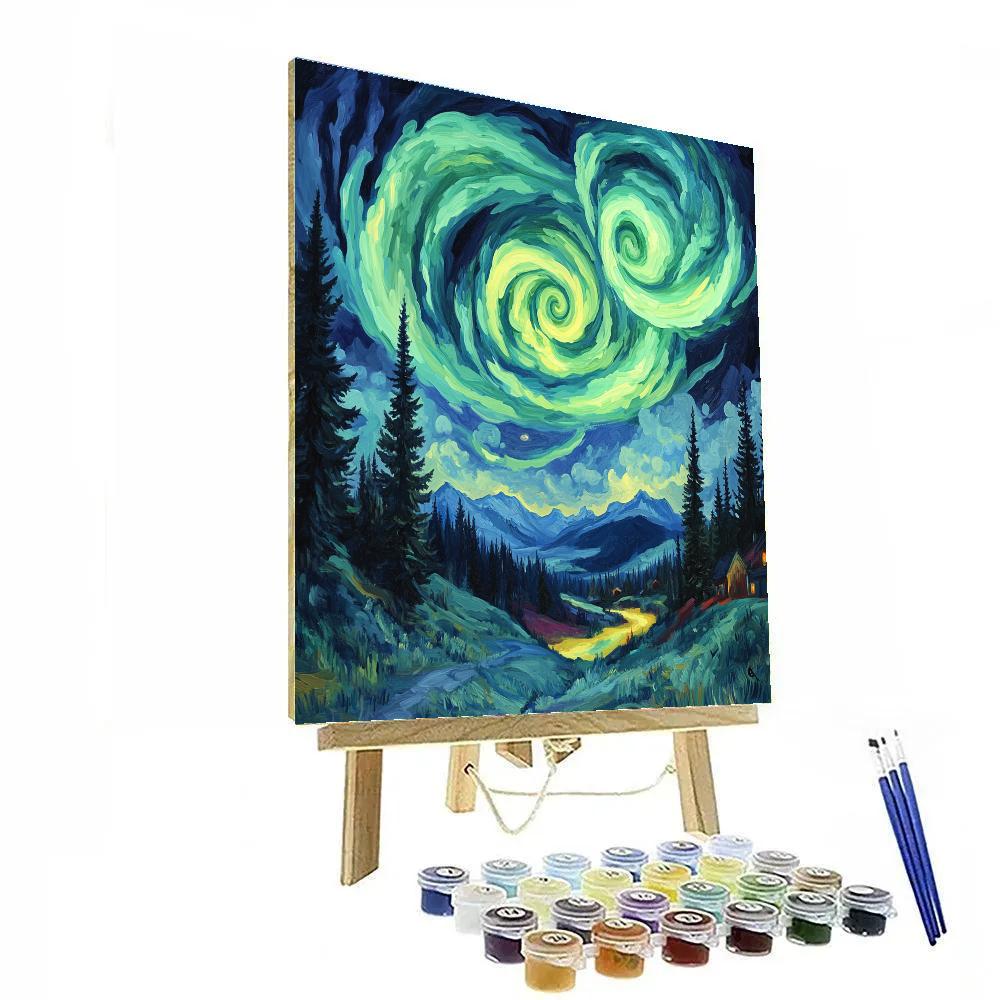 Edvard Munch Inspired Aurora Spiral Above An Enchanted Pine Ridge Painting by numbers kit