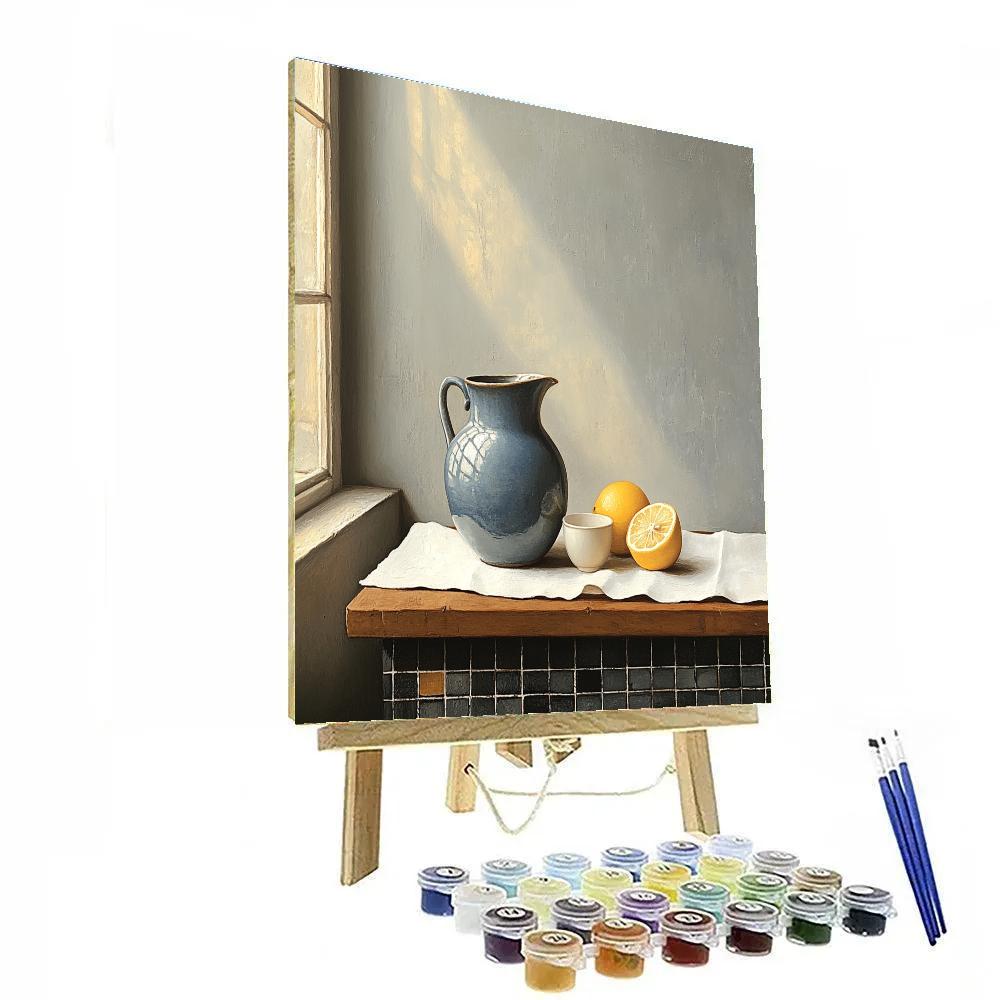 Johannes Vermeer Inspired Lapis Blue Pitcher And Lemon On Pearl Linen paint by number