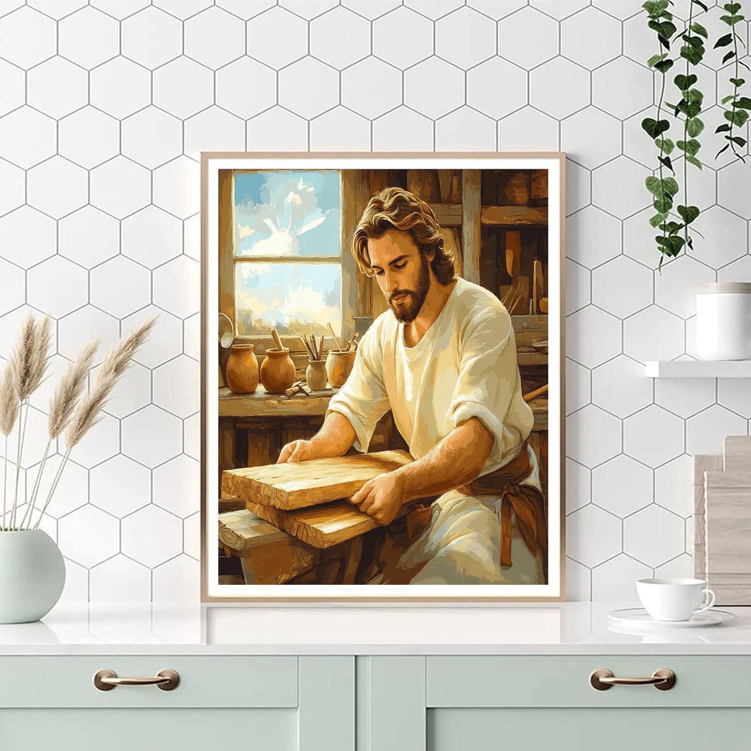 Carpenter Bench With Jesus At Work DIY paint by numbers