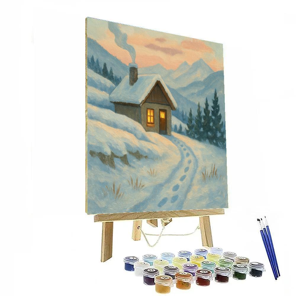 Candlelit Chalet Beneath A Peach Winter Dawn paint by number