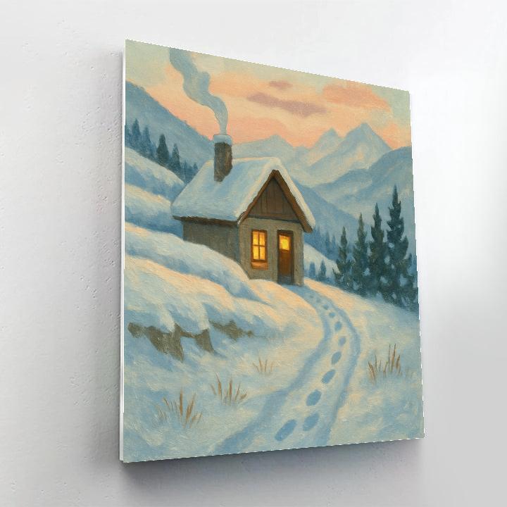 Candlelit Chalet Beneath A Peach Winter Dawn paint by number
