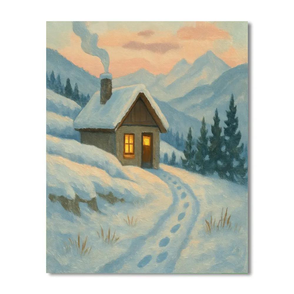 Candlelit Chalet Beneath A Peach Winter Dawn paint by number