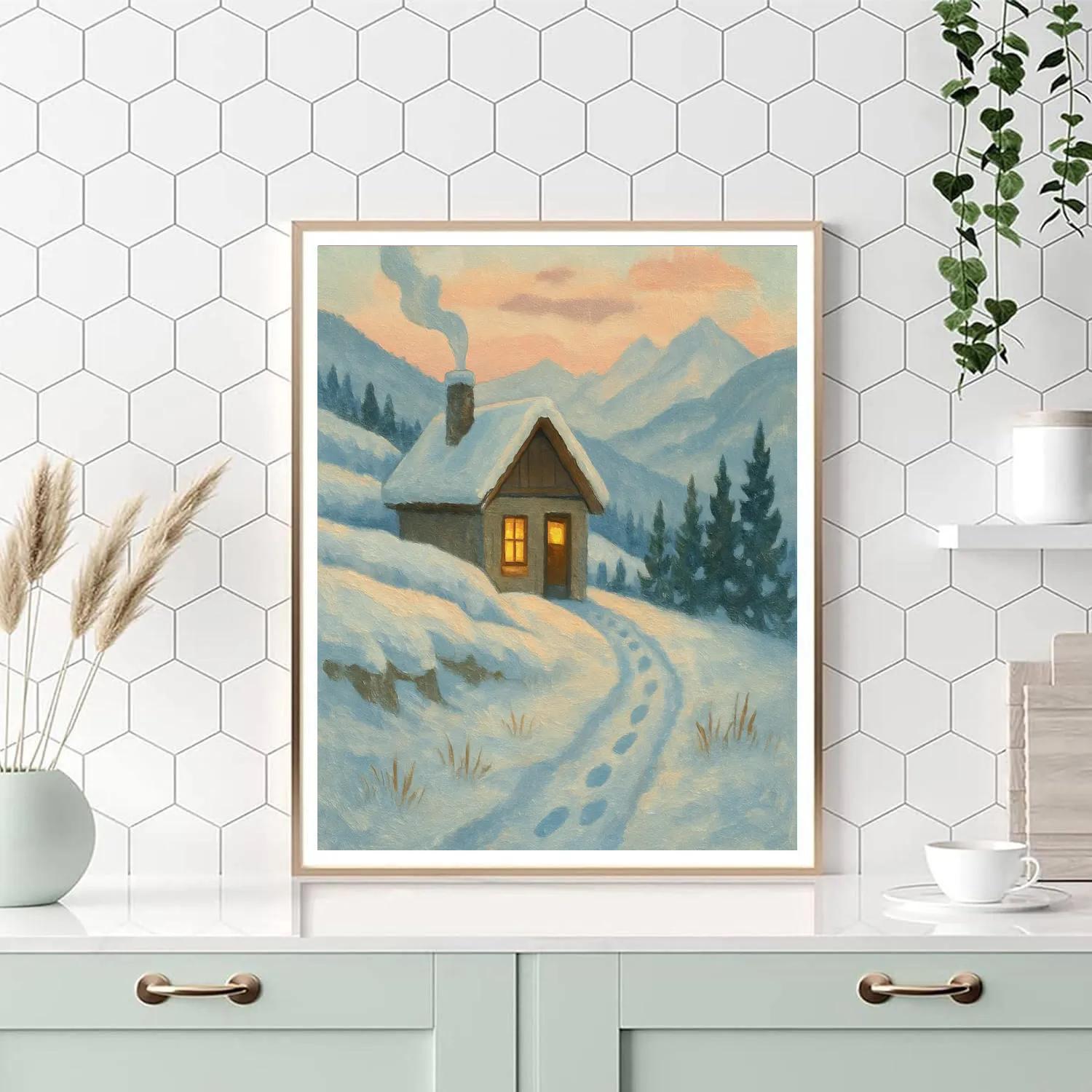 Candlelit Chalet Beneath A Peach Winter Dawn paint by number