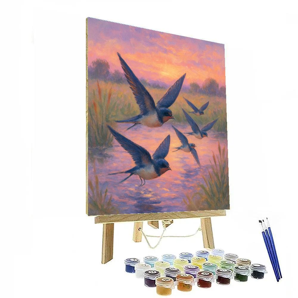 Lavender Dusk Swallows Over Meadow Pond Paint by numbers kits