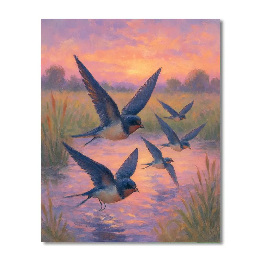 Lavender Dusk Swallows Over Meadow Pond Paint by numbers kits