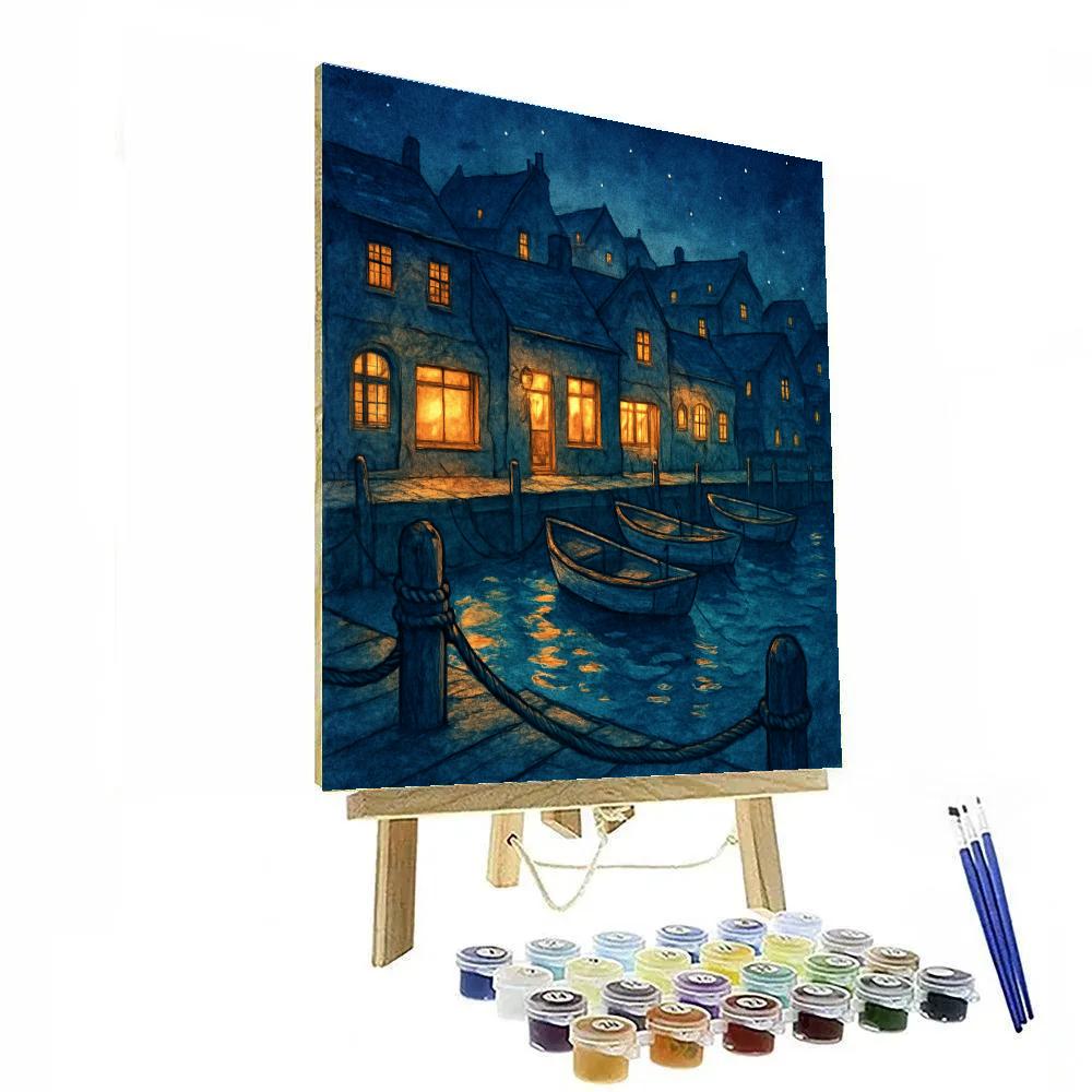Midnight Harbor Shops Under Indigo Sky DIY paint by numbers