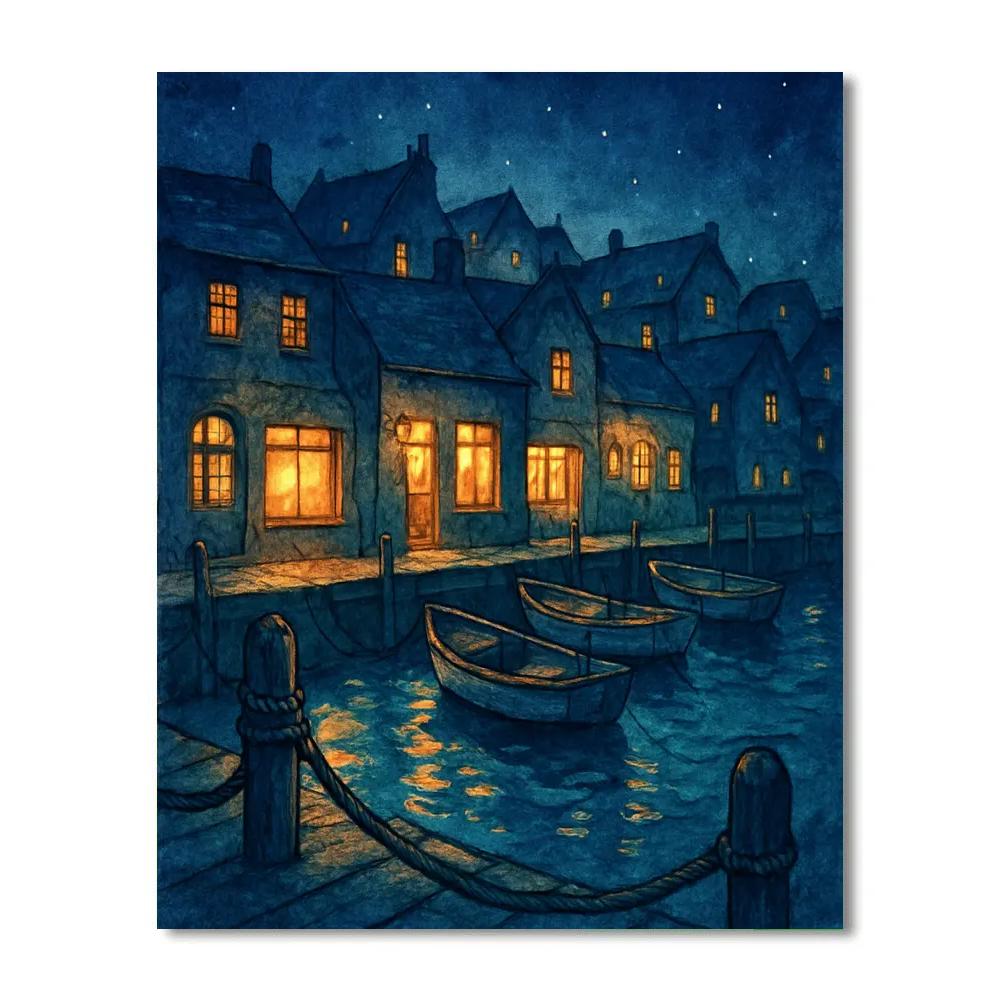 Midnight Harbor Shops Under Indigo Sky DIY paint by numbers