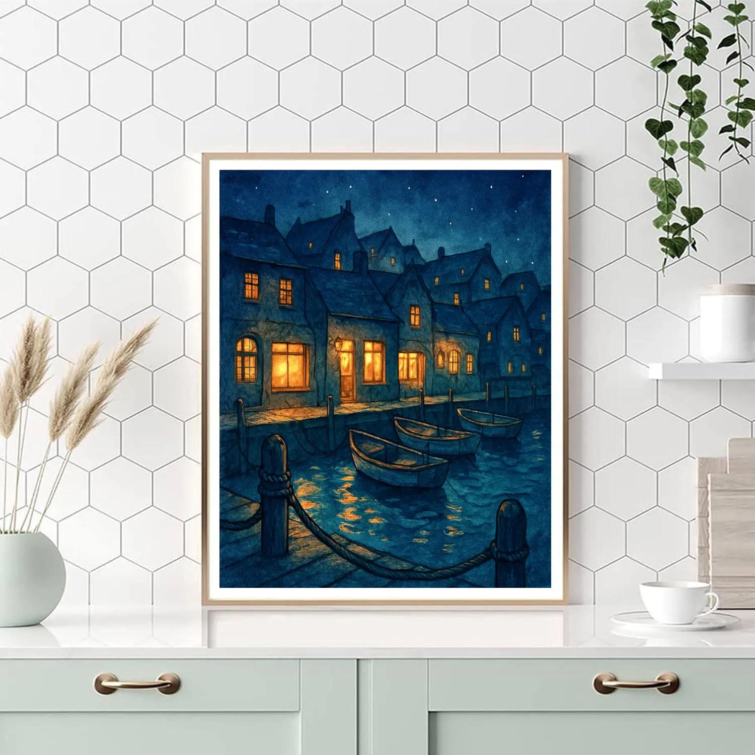 Midnight Harbor Shops Under Indigo Sky DIY paint by numbers