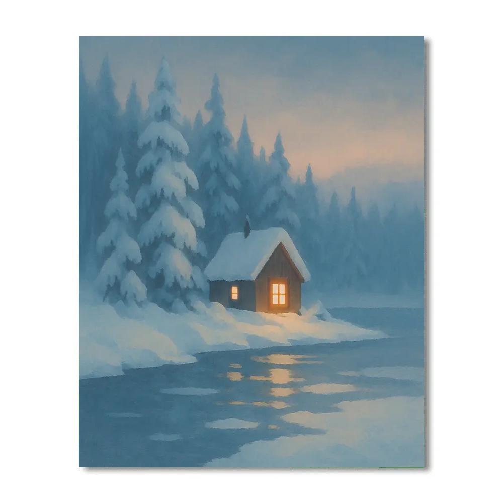 Cabin Windows Across The Snowy Lake Numbered painting kits