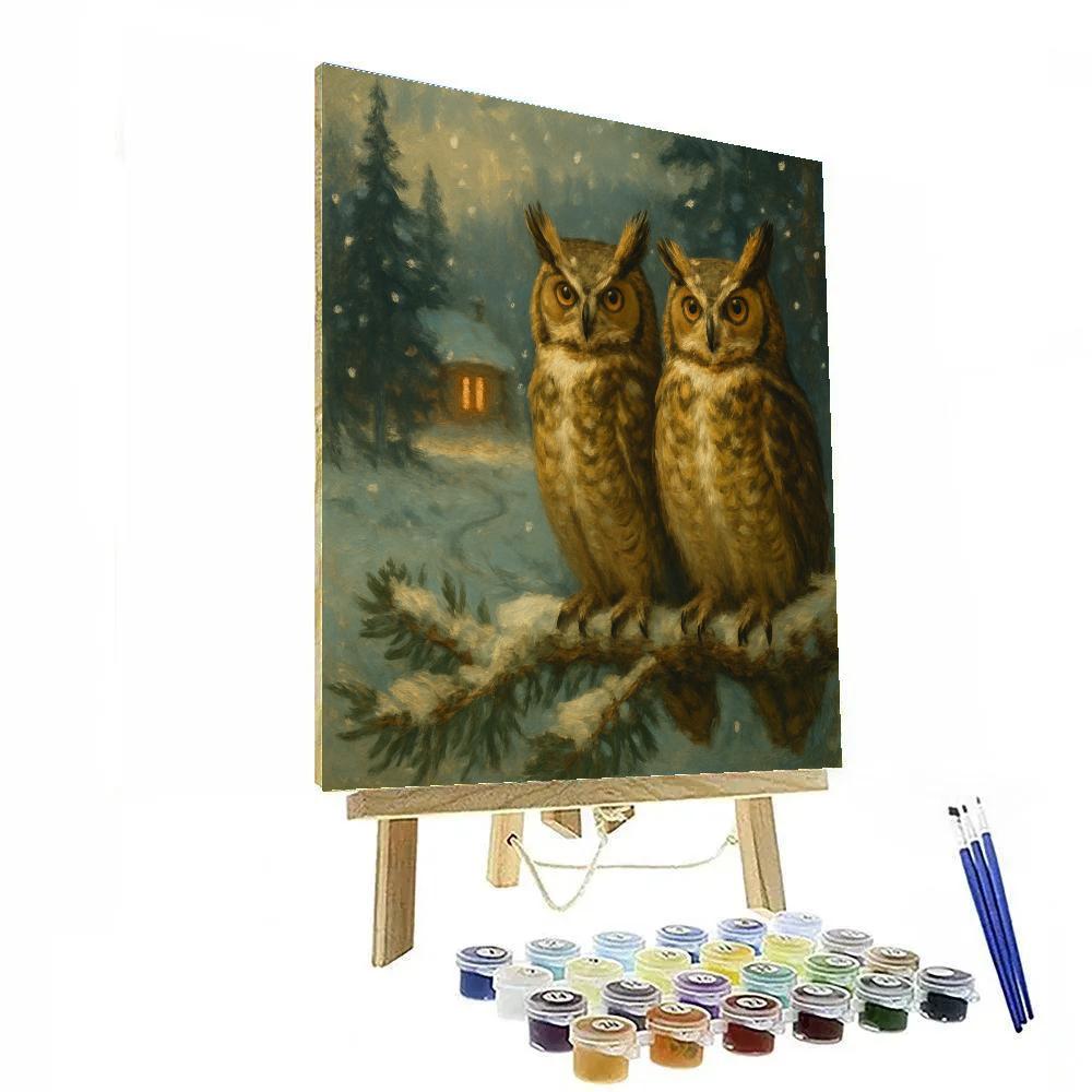 Snowy Cabin Clearing Great Horned Owls painting number kit