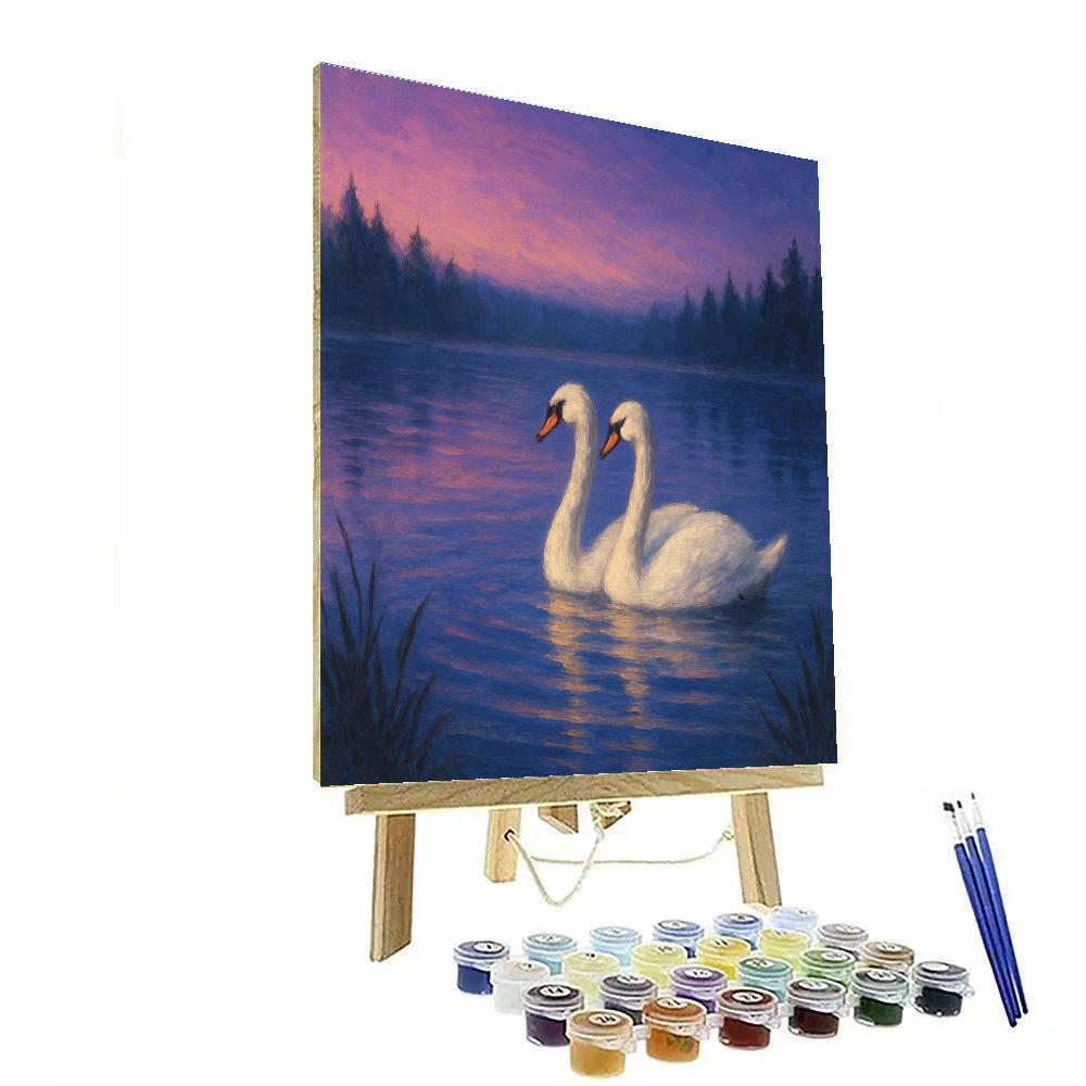 Twilight Swans Under A Violet Sky Number painting