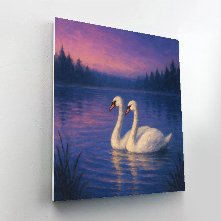 Twilight Swans Under A Violet Sky Number painting