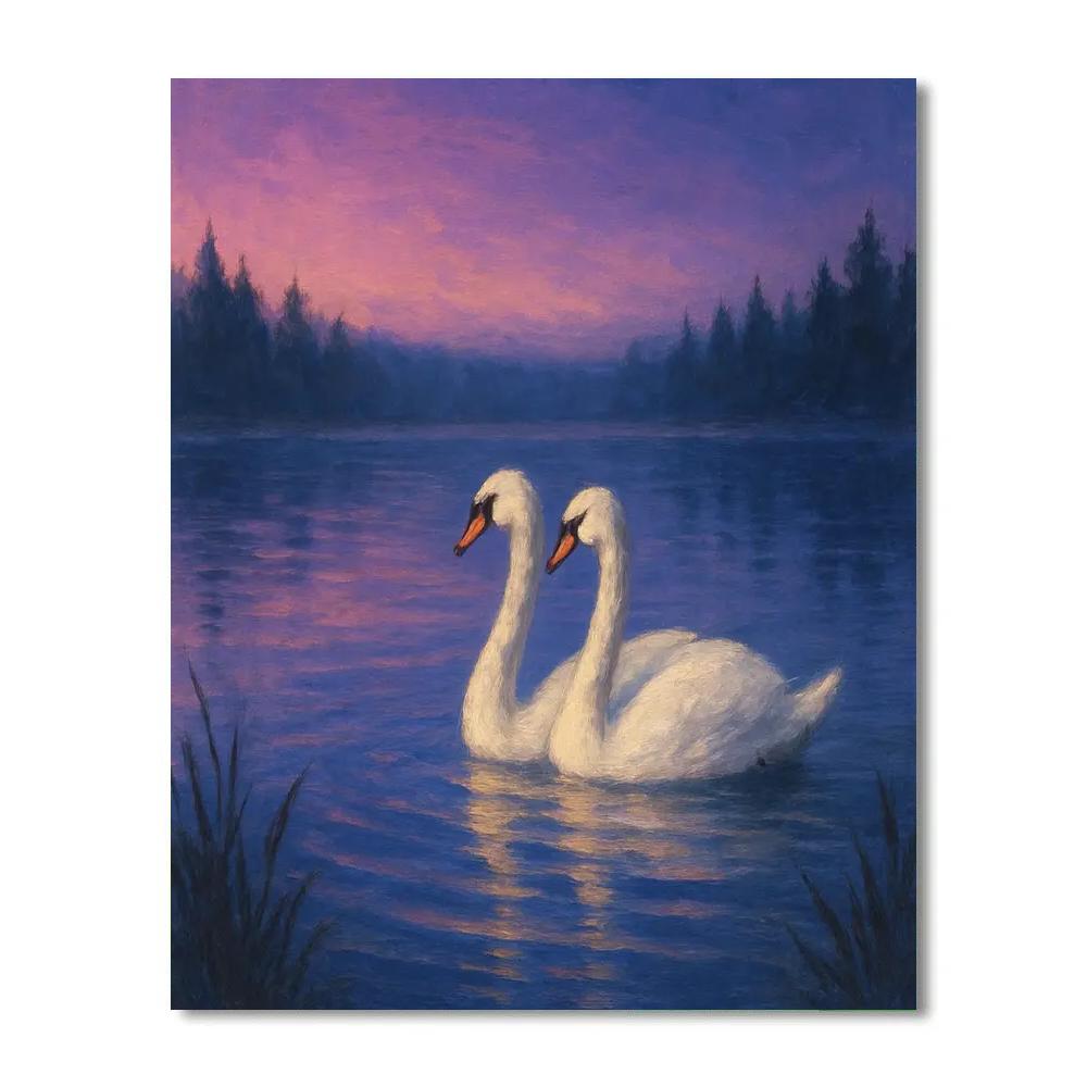 Twilight Swans Under A Violet Sky Number painting