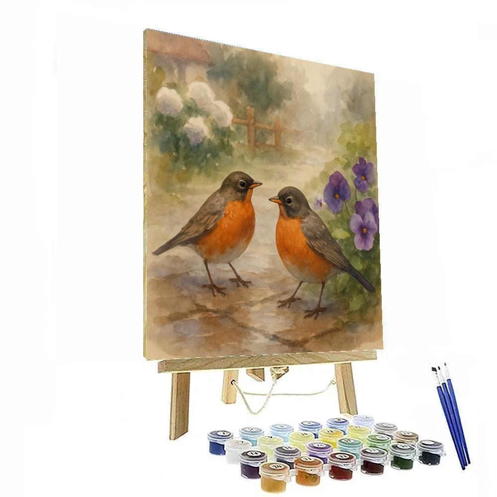 Rainwashed Garden Robins And Pansies Number painting