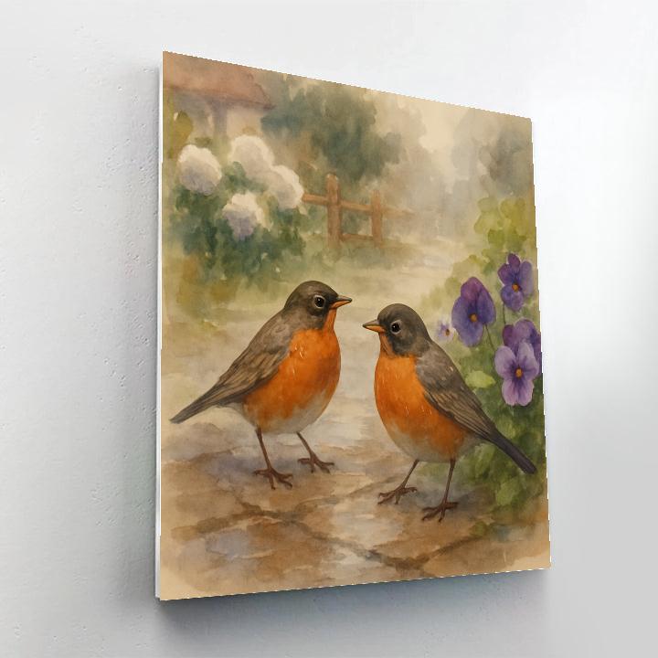 Rainwashed Garden Robins And Pansies Number painting