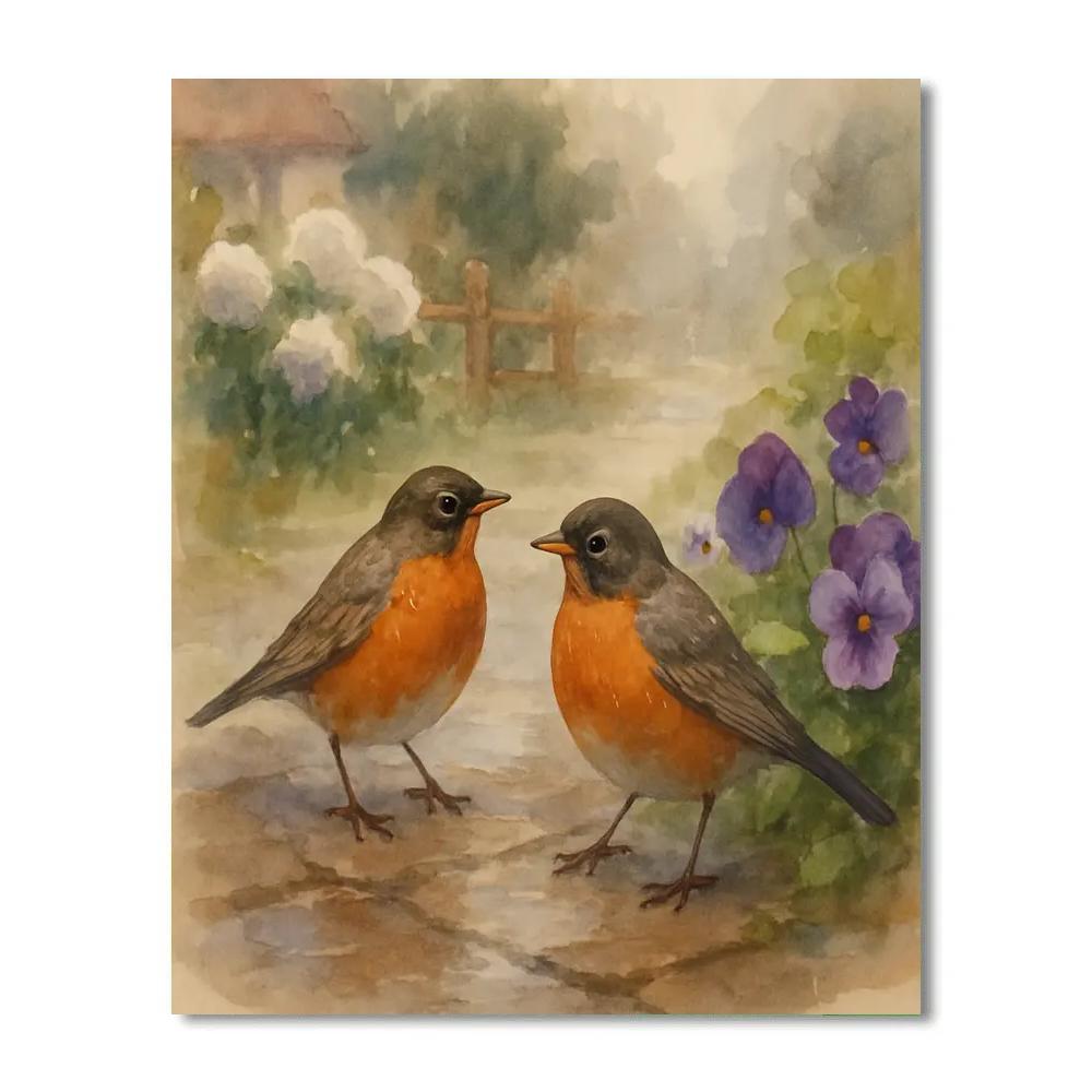 Rainwashed Garden Robins And Pansies Number painting