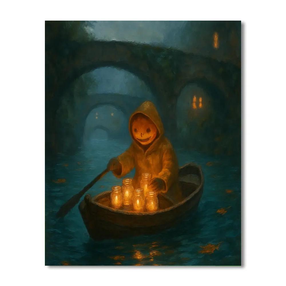 Candleboat Crossing The Foggy Canal Number painting