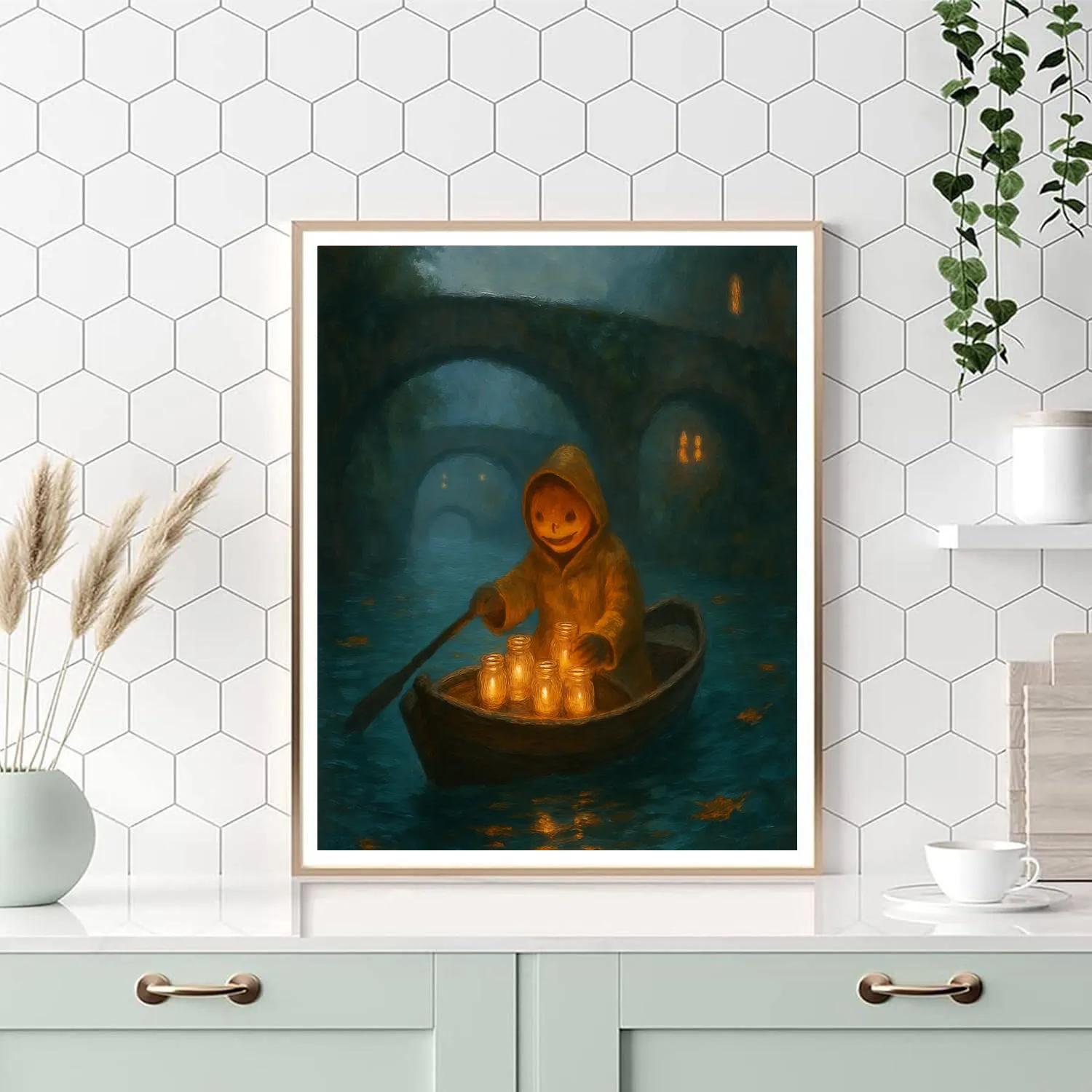 Candleboat Crossing The Foggy Canal Number painting