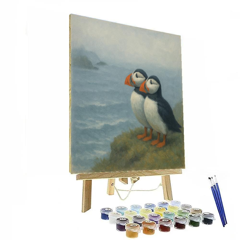 Seaside Cliffs Puffins In Soft Fog Paint by numbers art