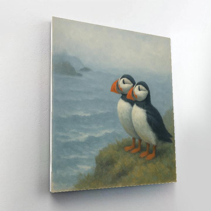 Seaside Cliffs Puffins In Soft Fog Paint by numbers art