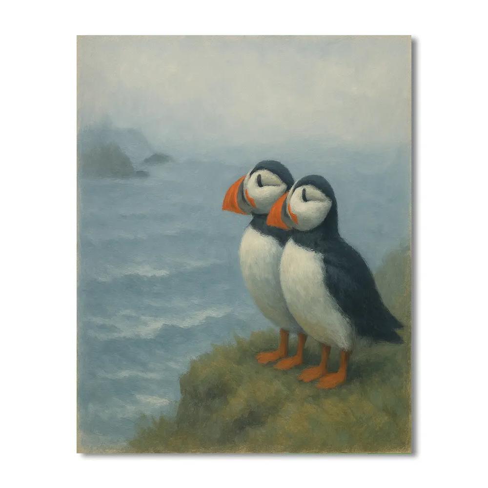 Seaside Cliffs Puffins In Soft Fog Paint by numbers art