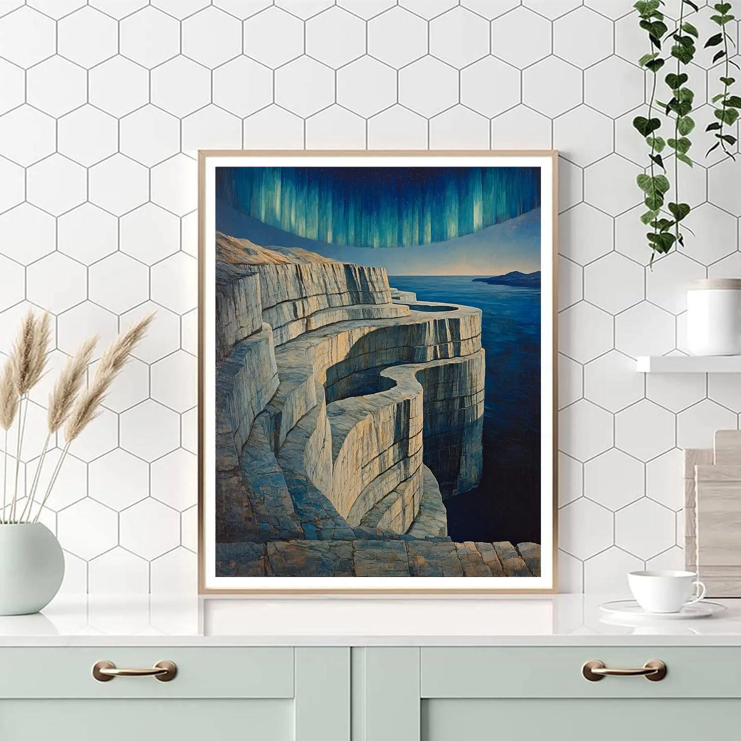 Michelangelo Inspired Aurora Over Granite Fjord paint by number