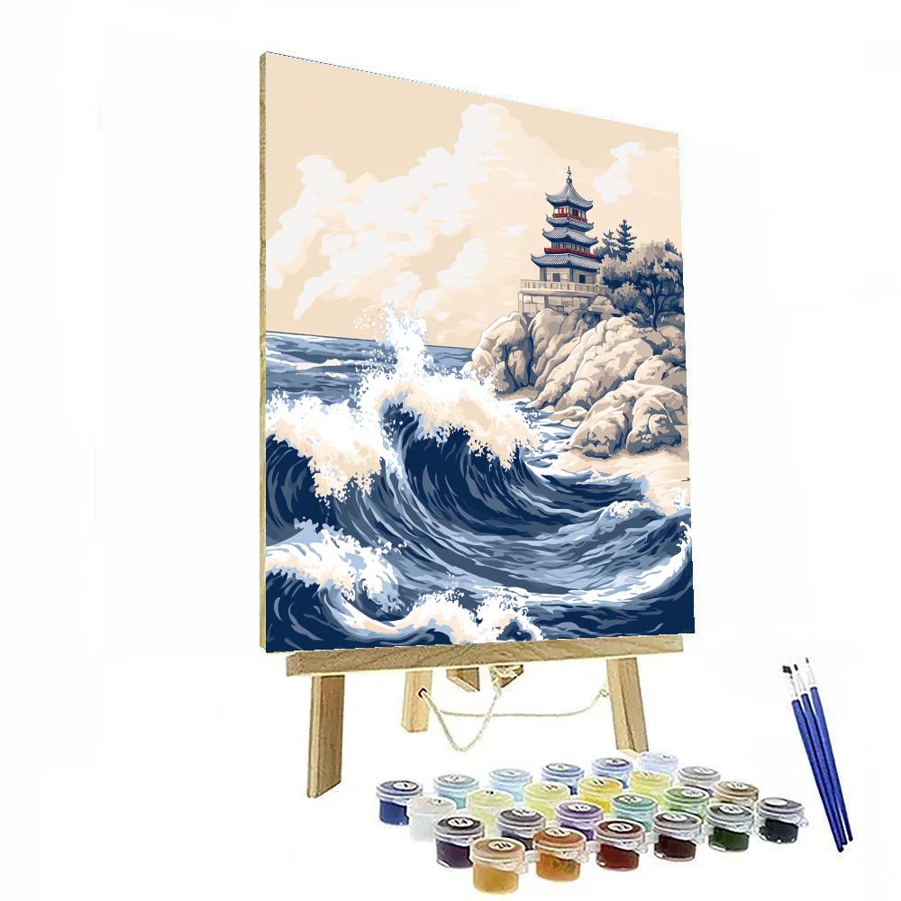 Katsushika Hokusai Inspired Storm Waves And Coastal Temple paint by numbers