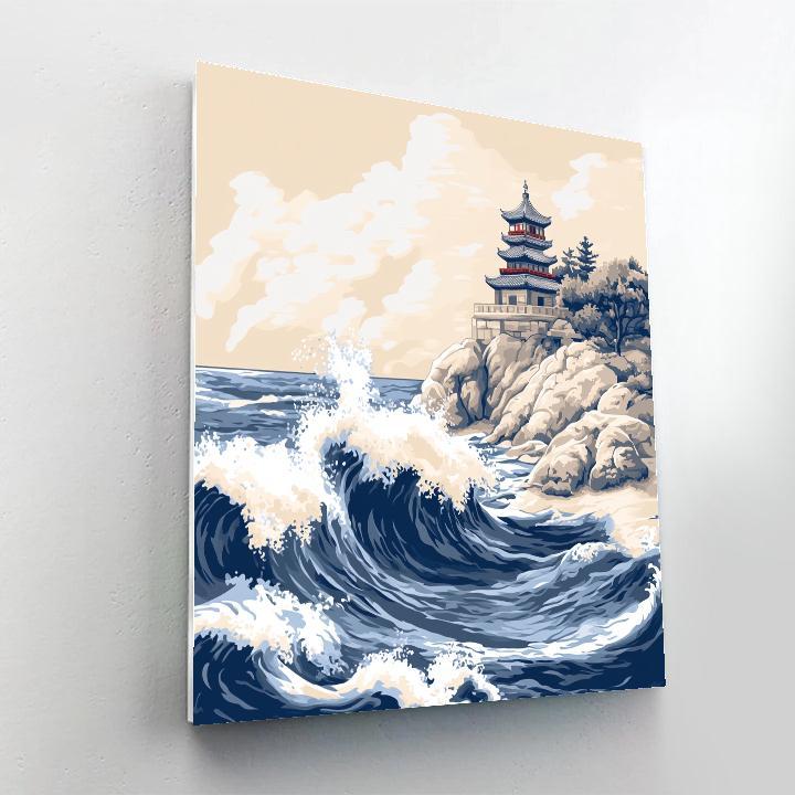 Katsushika Hokusai Inspired Storm Waves And Coastal Temple paint by numbers