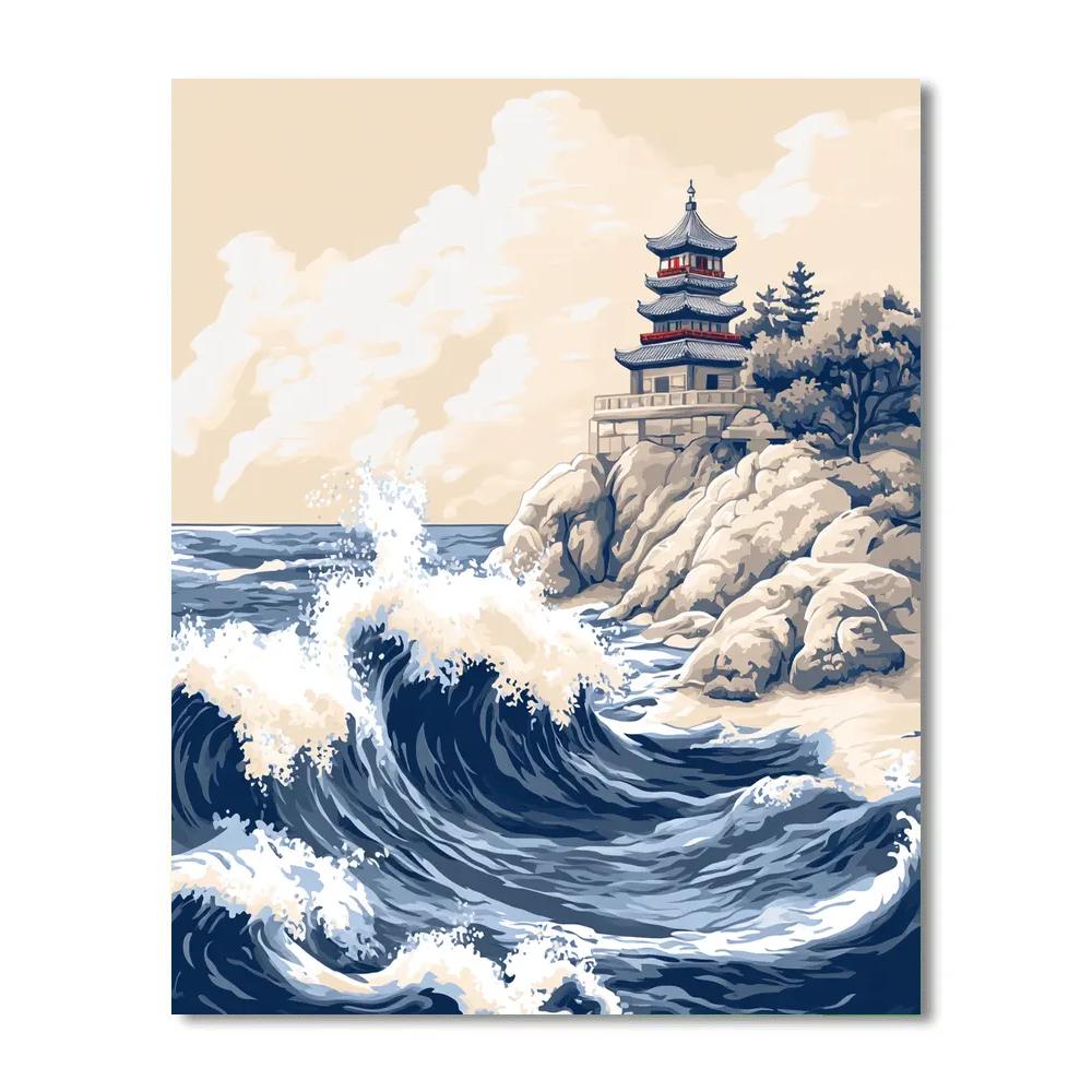 Katsushika Hokusai Inspired Storm Waves And Coastal Temple paint by numbers