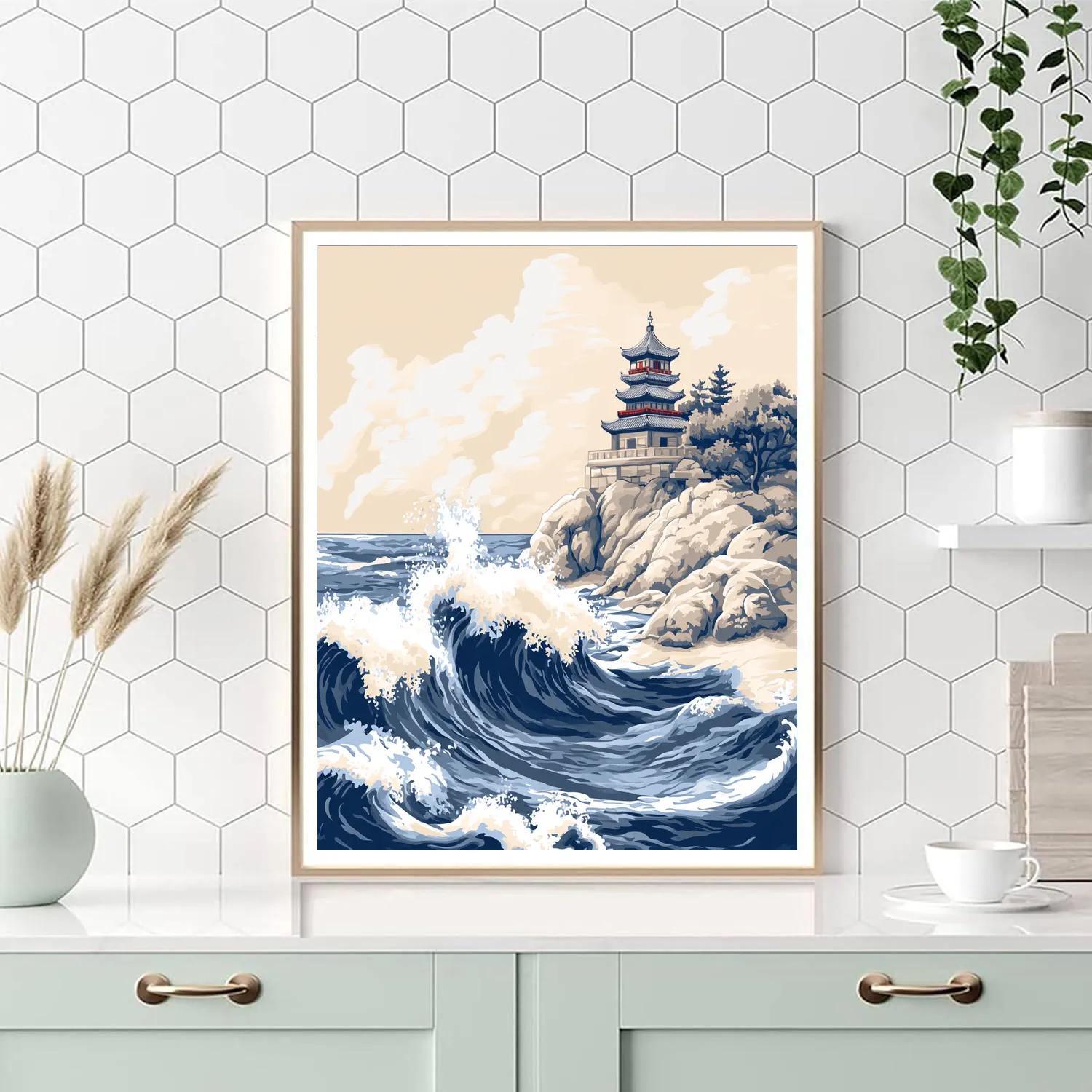 Katsushika Hokusai Inspired Storm Waves And Coastal Temple paint by numbers