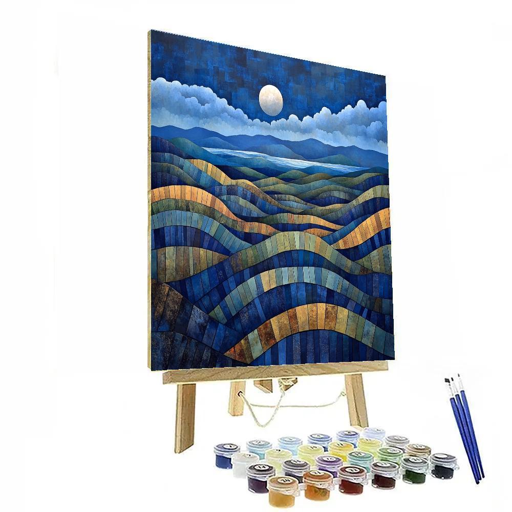 Pablo Picasso Inspired Cubist Terraced Hills Under A Prismatic Moon Number painting