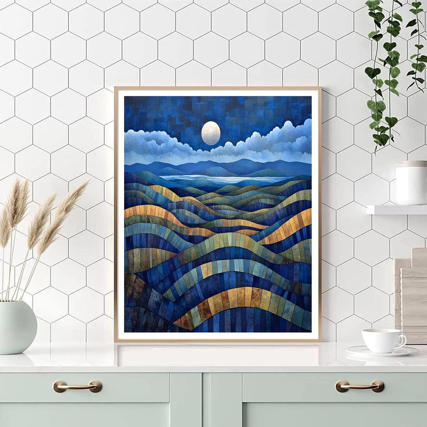 Pablo Picasso Inspired Cubist Terraced Hills Under A Prismatic Moon Number painting
