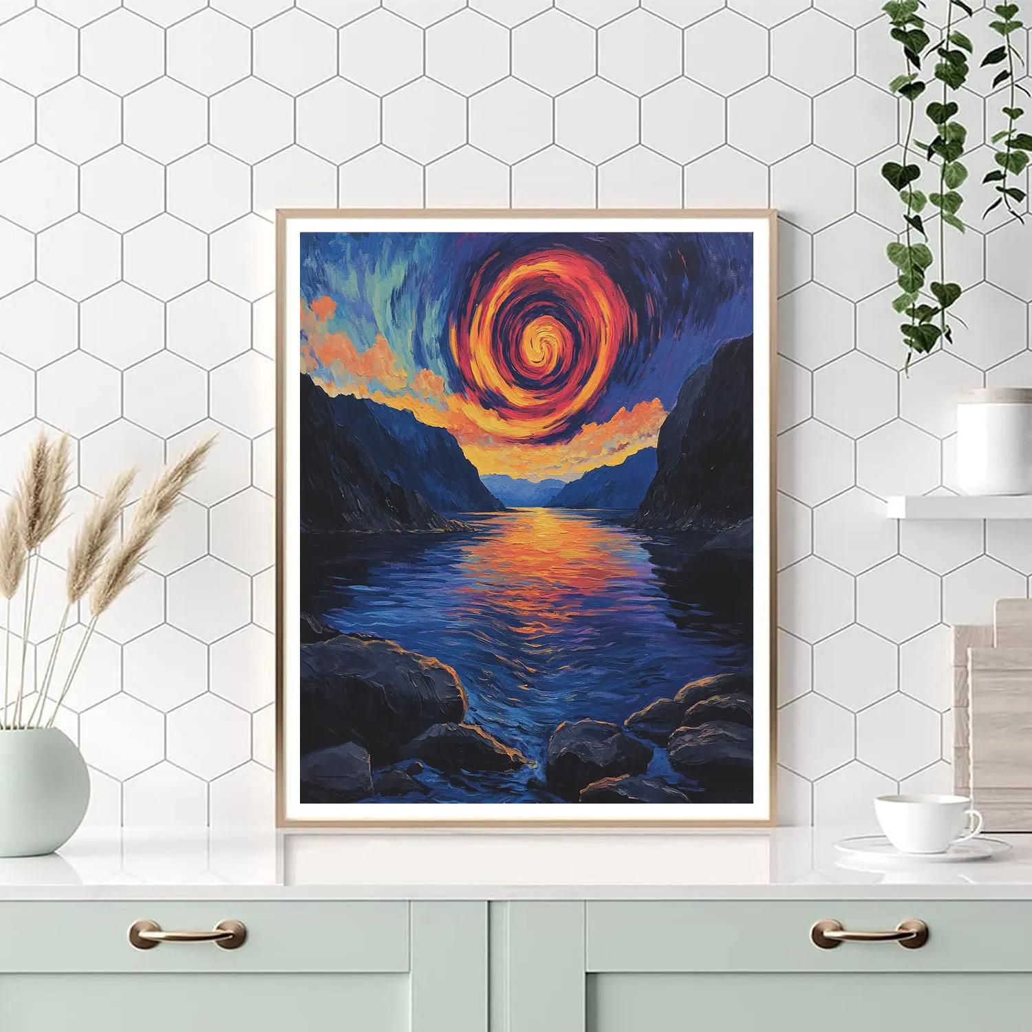 Edvard Munch Inspired Aurora Spiral Over Silent Fjord paint by color