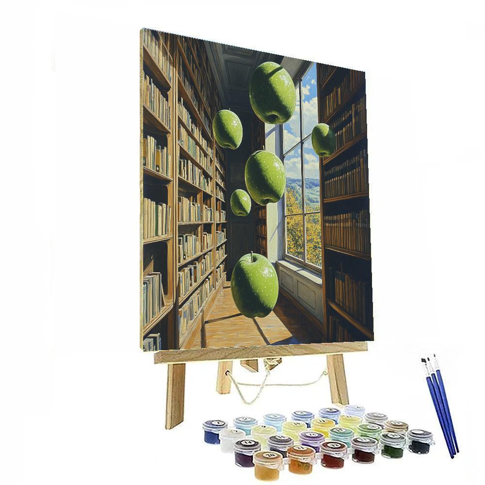 René Magritte Inspired Floating Apples Over Quiet Library painting number kit