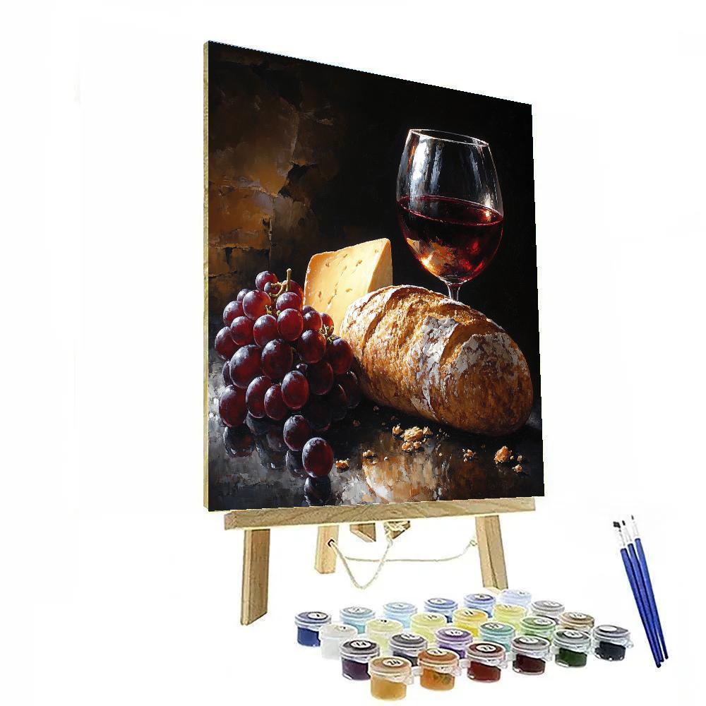 Caravaggio Inspired Still Life With Bread Cheese And Wine paint by color