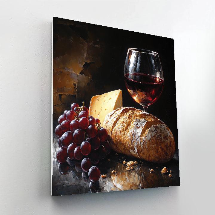 Caravaggio Inspired Still Life With Bread Cheese And Wine paint by color