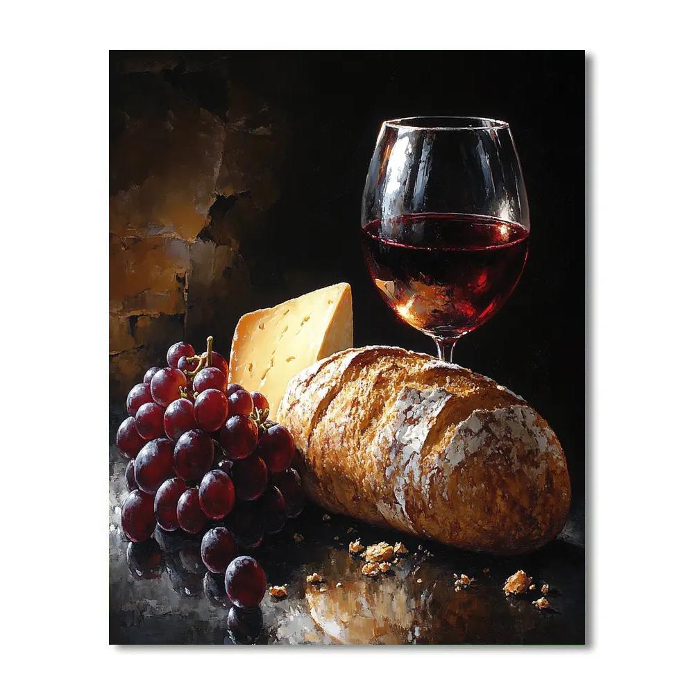 Caravaggio Inspired Still Life With Bread Cheese And Wine paint by color